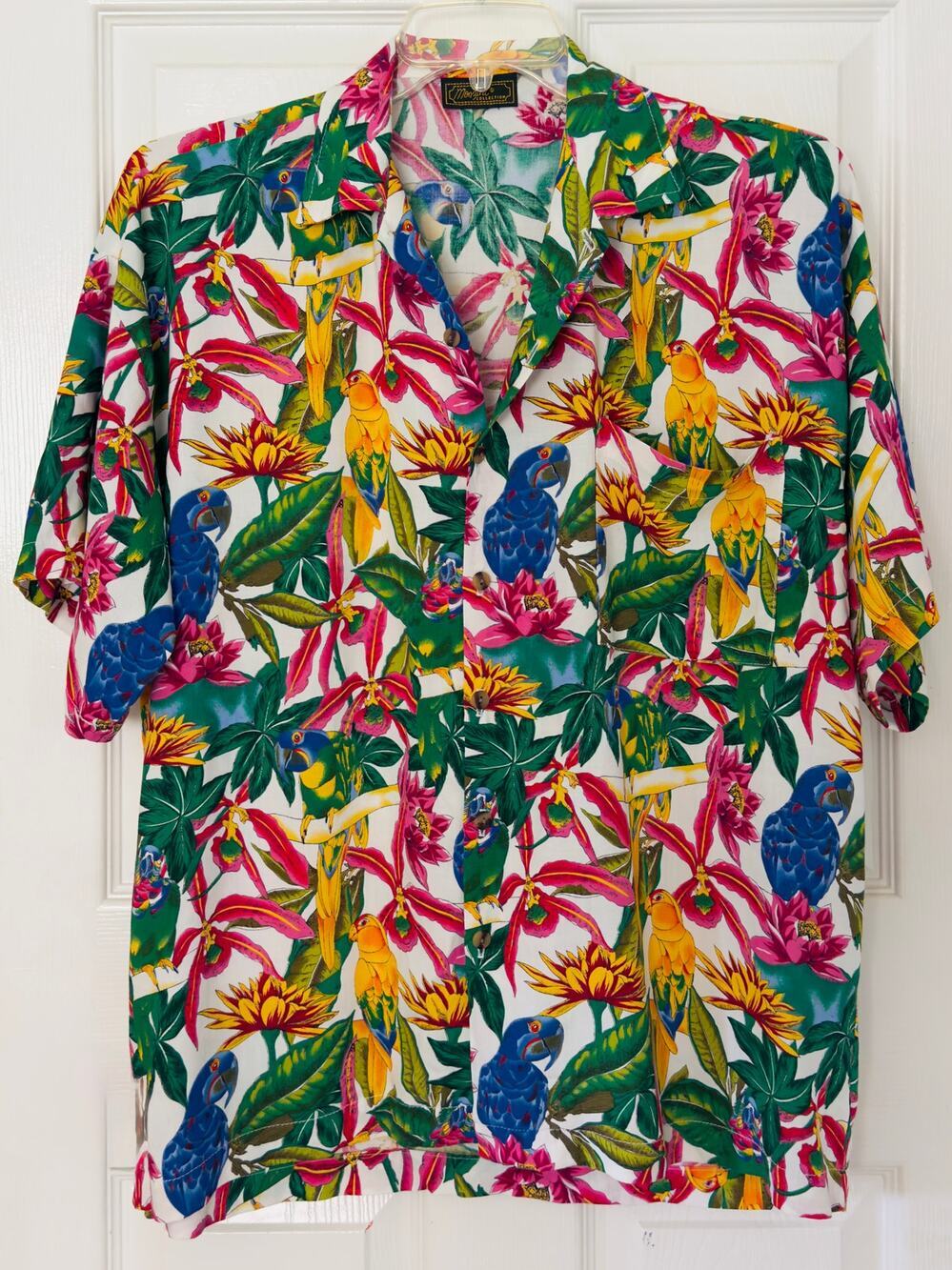 Vintage 1990s Monzini Hawaiian Shirt Colorful Parrots Size Large